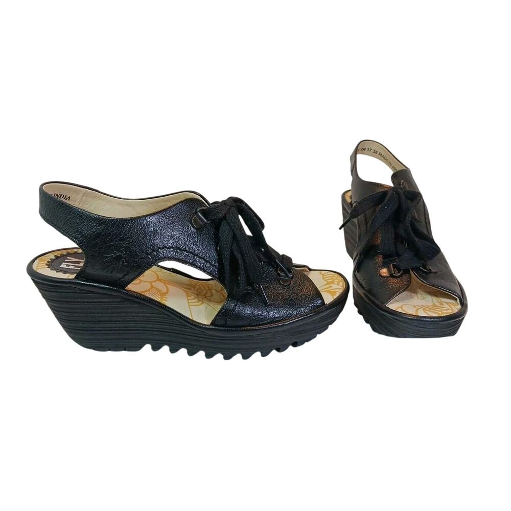 $165 Fly London YLFA Black Leather Platform Wedge Sandals Size 7.5 US 38 EU NEW